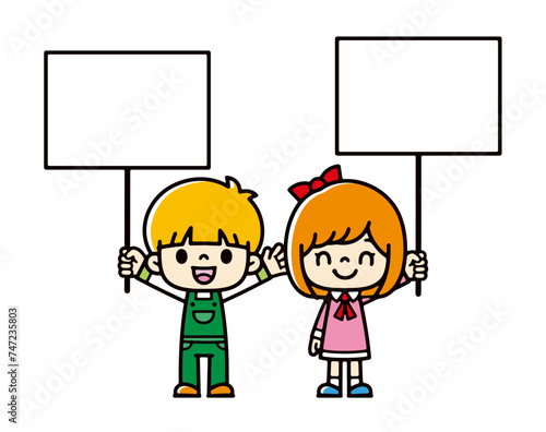 Illustration of foreign children with smiling faces holding panels