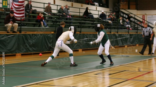 Fencers  footwork sequence showcasing agility, speed, and strategy in fencing sport. photo