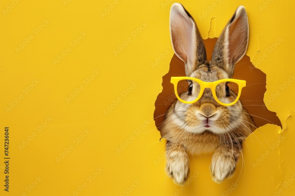 A lively tan rabbit wearing yellow glasses pops out of a torn yellow paper wall, full of character - obrazy, fototapety, plakaty 
