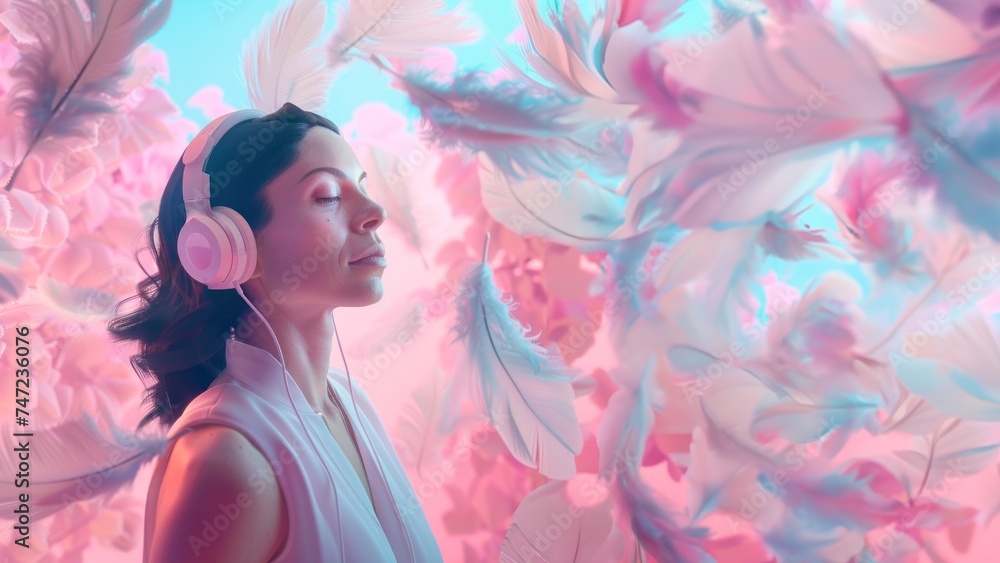 Ethereal image of a woman wearing VR headset surrounded by vibrant pink flowers, depicting immersion into a digital realm