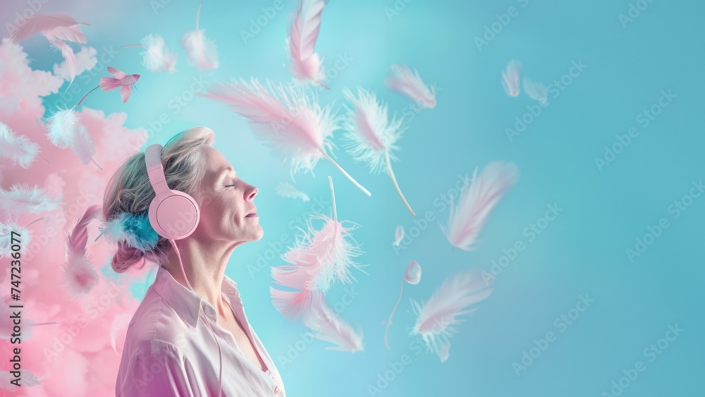 A woman is engrossed in a VR experience, surrounded by soft feathers, with a surreal vibe