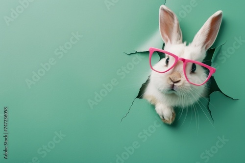 A charming white rabbit with pink glasses poking out of a green torn paper, showing curiosity and cuteness © Fxquadro