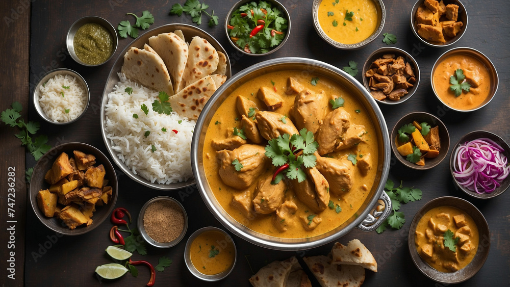 A photograph showcases a steaming bowl of Chicken Korma, its velvety texture and rich aroma enticing you to dive into the depths of the dish on the dark wooden table and that is this iconic Indian mea A photograph showcases a steaming bowl of Chicken Korma, its velvety texture and rich aroma enticing you to dive into the depths of the dish on the dark wooden table and that is this iconic Indian mea
