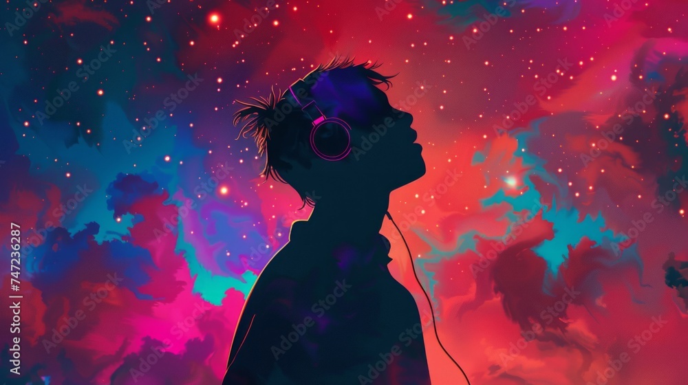 Silhouette of a person with headphones against a vibrant cosmic background, evoking feelings of music and escapism.