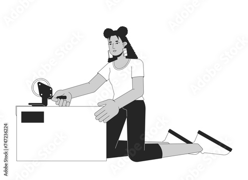 Latina woman packing box with shipping tape black and white 2D line cartoon character. Hispanic girl scotch tape isolated vector outline person. Moving out monochromatic flat spot illustration