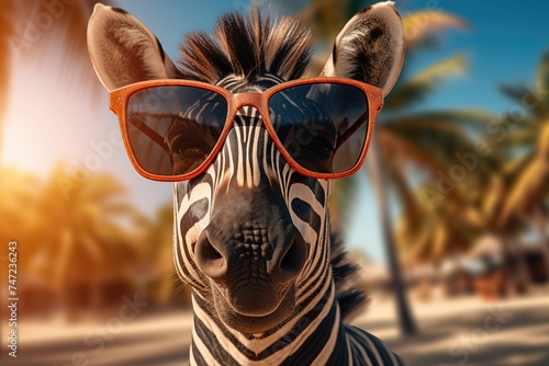 Closeup portrait of a zebra sporting vibrant red sunglasses against a backdrop of tropical palms, basking in the golden sunlight