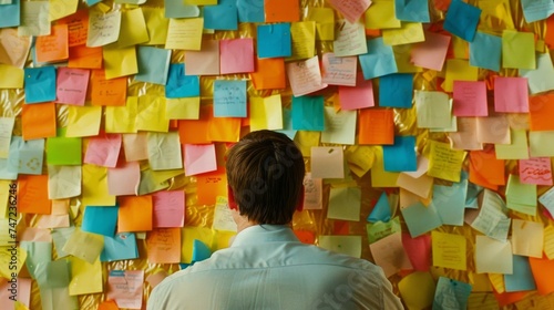 A man is surrounded by colorful sticky notes, symbolizing a high workload or task management.