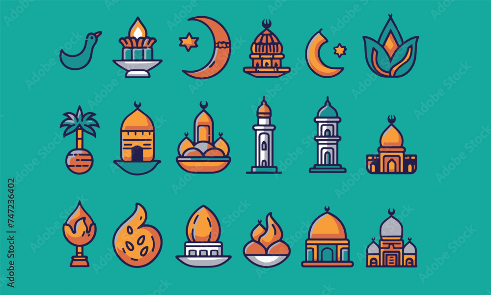 ramadan vector flat color icon bundle set for ramadan kareem event muslim new year