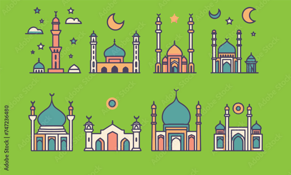 ramadan vector flat color icon bundle set for ramadan kareem event muslim new year