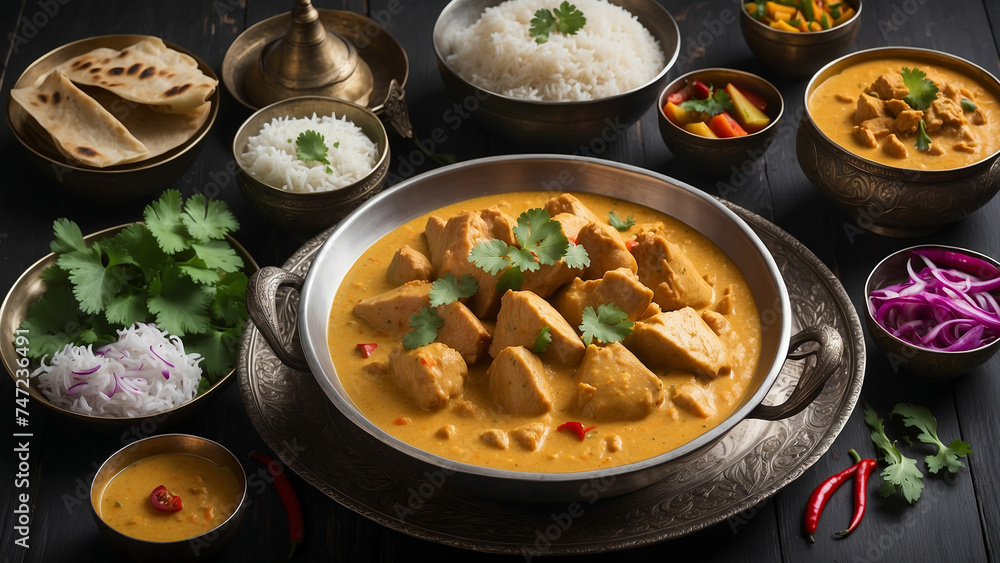 A photograph showcases a steaming bowl of Chicken Korma, its velvety texture and rich aroma enticing you to dive into the depths of the dish on the dark wooden table and that is this iconic Indian mea A photograph showcases a steaming bowl of Chicken Korma, its velvety texture and rich aroma enticing you to dive into the depths of the dish on the dark wooden table and that is this iconic Indian mea