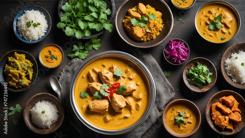 A photograph showcases a steaming bowl of Chicken Korma, its velvety texture and rich aroma enticing you to dive into the depths of the dish on the dark wooden table and that is this iconic Indian mea