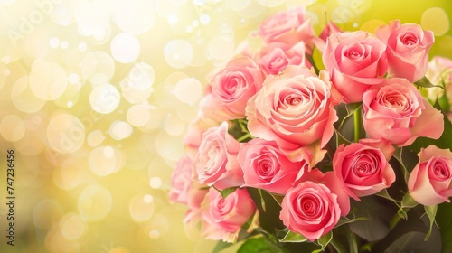 A bouquet of pink roses in full bloom with a sparkling golden bokeh background  symbolizing love and beauty.