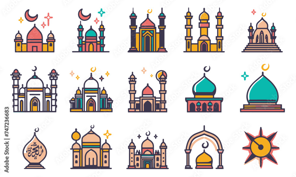 ramadan vector flat color icon bundle set for ramadan kareem event muslim new year