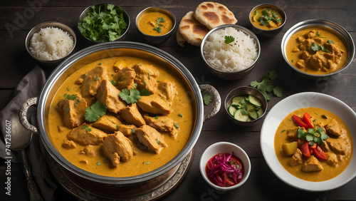 A photograph showcases a steaming bowl of Chicken Korma, its velvety texture and rich aroma enticing you to dive into the depths of the dish on the dark wooden table and that is this iconic Indian mea