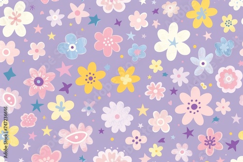 花と星のパステル調の春のシームレスパターン