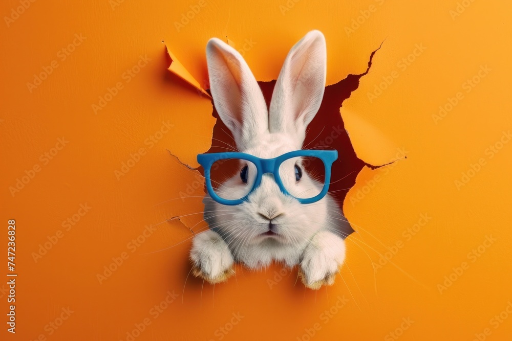 An irresistible rabbit with fluffy ears is poking its head through an orange background, grabbing immediate attention - obrazy, fototapety, plakaty 