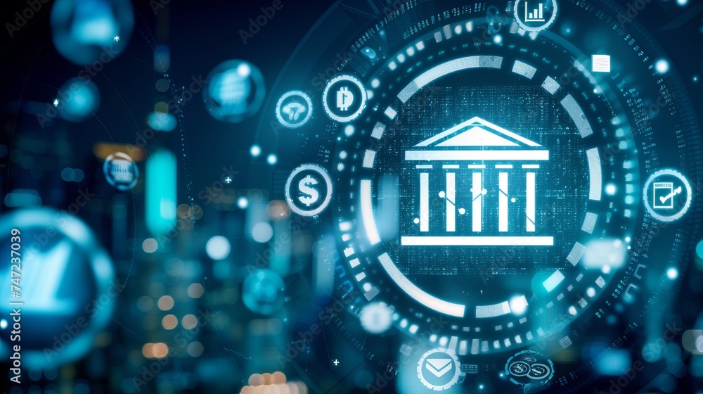 Obraz premium Interactive holographic icons of big shining banking instruments floating in the air