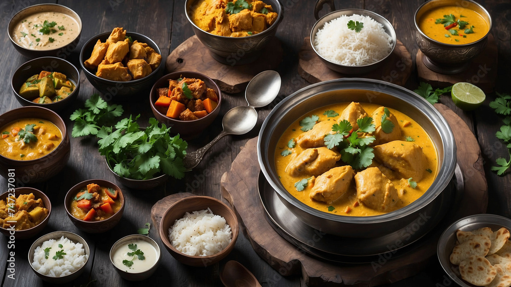 A photograph showcases a steaming bowl of Chicken Korma, its velvety texture and rich aroma enticing you to dive into the depths of the dish on the dark wooden table and that is this iconic Indian mea A photograph showcases a steaming bowl of Chicken Korma, its velvety texture and rich aroma enticing you to dive into the depths of the dish on the dark wooden table and that is this iconic Indian mea