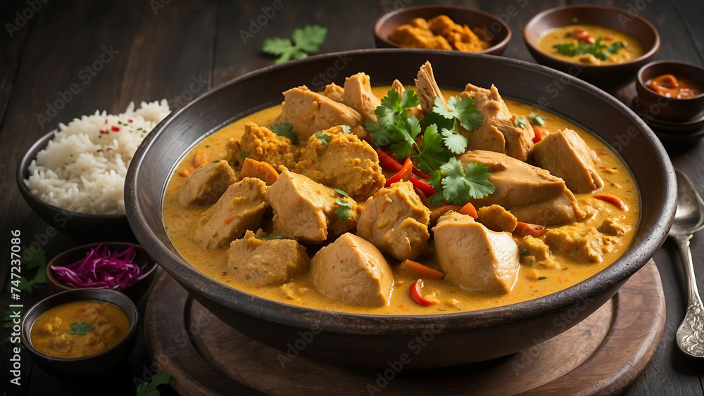 A photograph showcases a steaming bowl of Chicken Korma, its velvety texture and rich aroma enticing you to dive into the depths of the dish on the dark wooden table and that is this iconic Indian mea A photograph showcases a steaming bowl of Chicken Korma, its velvety texture and rich aroma enticing you to dive into the depths of the dish on the dark wooden table and that is this iconic Indian mea