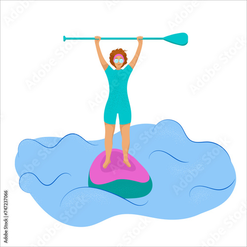 Woman in sports wetsuit on board for skating in the sea holds paddle in her hands. Vector texture color drawing of sup surfer in the water
