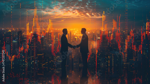 Double exposure of financial graph on cityscape background with two businessman handshake. Concept of stock market deal photo