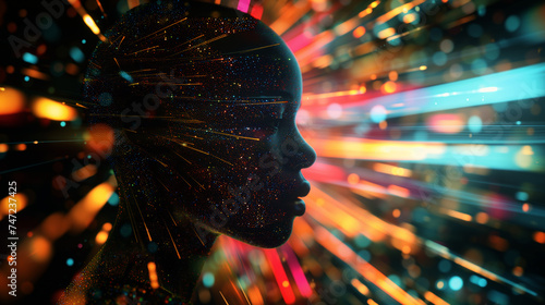 AI Generated Image. Hologram of the black woman face composed of vibrant digital pixels against the glowing digital data streams photo