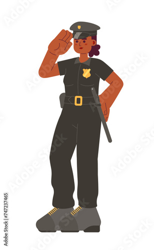 Police officer woman saluting cartoon flat illustration. Detective policewoman african american 2D character isolated on white background. Civil servant, black female cop scene vector color image