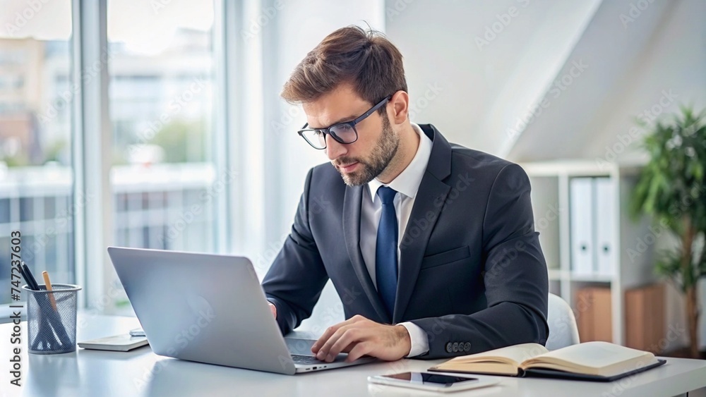 Serious Young Man Accountant Working in Office with Laptop, Documents, and Calculator Serious Young Man Accountant Working in Office with Laptop, Documents, and Calculator