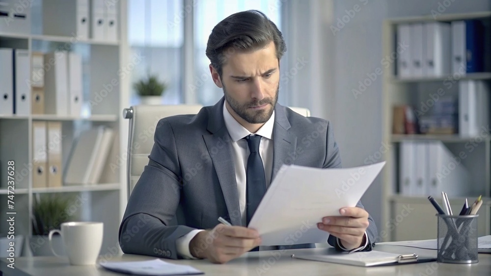 Worried Young Man Businessman Reviewing Documents and Agreements in Office