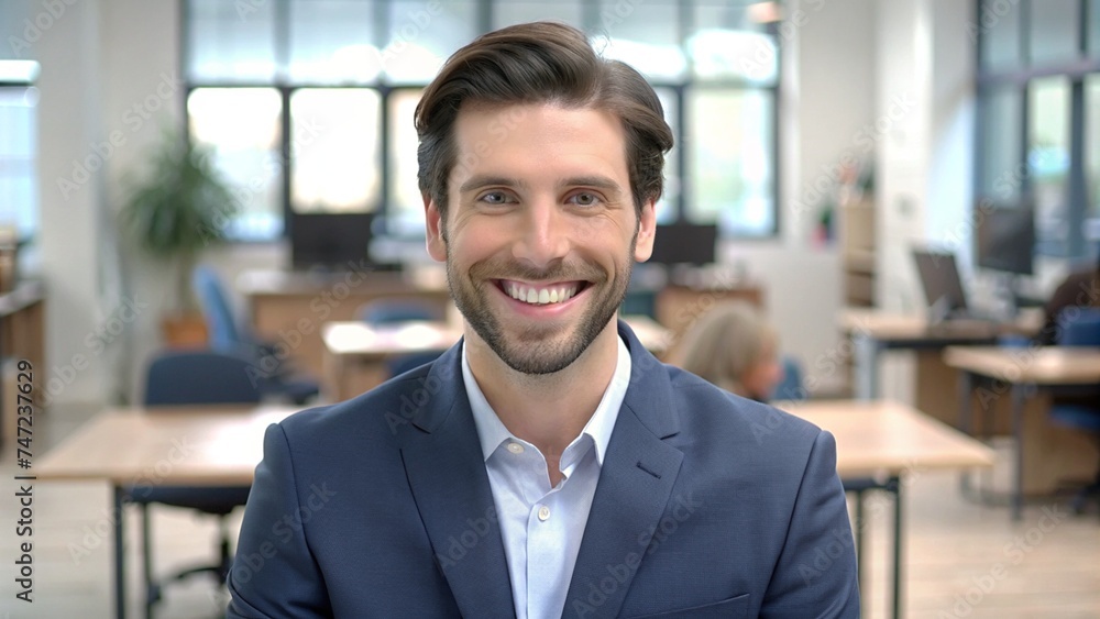 Portrait of Young Male Teacher in Suit Teaching Online from Co-Working Space