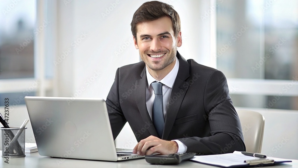 Portrait of Young Businessman Working in Office with Calculator and Documents Portrait of Young Businessman Working in Office with Calculator and Documents
