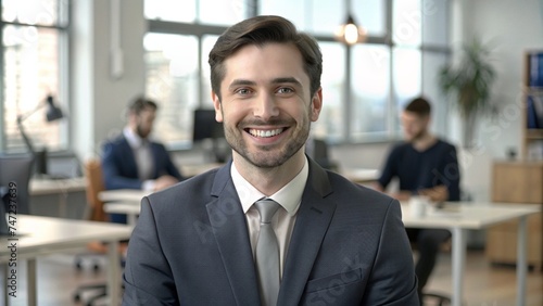 "Portrait of Young Male Teacher in Suit Teaching Online from Co-Working Space