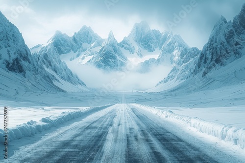 Snowy Road With Mountains in the Background