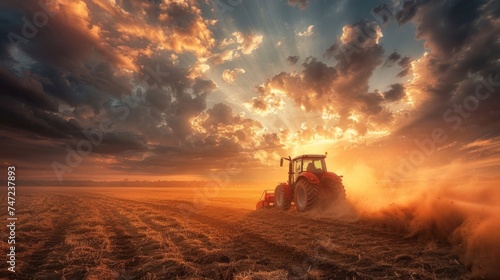 A tractor kicks up dust while tilling a field under a dramatic sunset sky. photo
