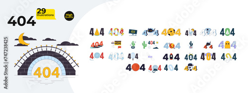 Unique creative 404 errors isolated linear illustrations bundle. Robotics, rocket space, cute cat no result cartoon images collection, white background. Summertime color line errors set ui design