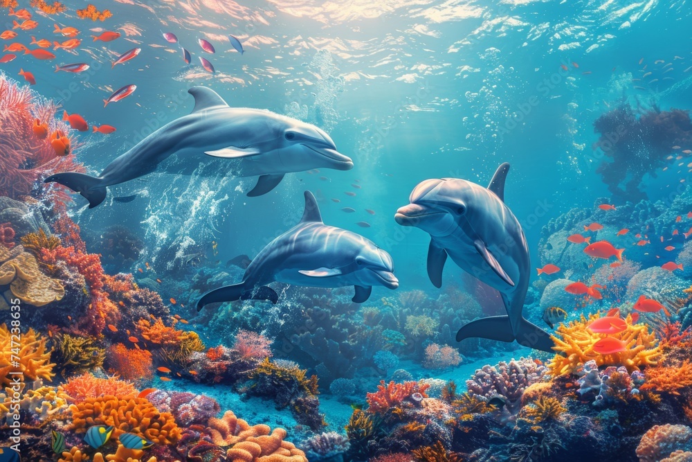 Obraz premium dolphins swimming underwater in the sea on a reef, wildlife and ocean preservation concept, earth day concept