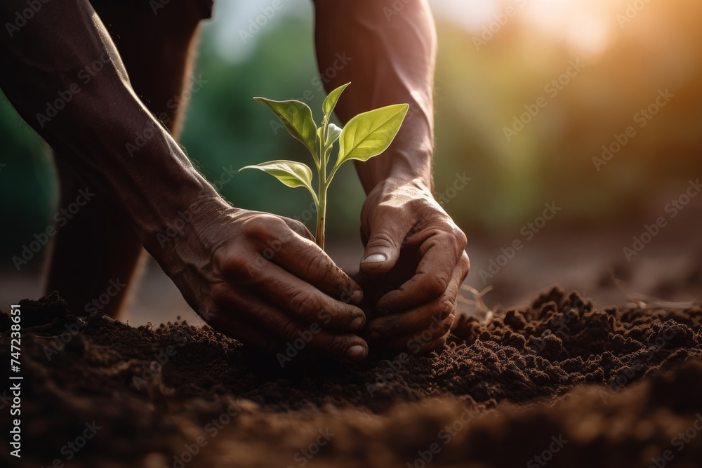 farmer is planting a seedling in a soil, healthy and organic food concept, conscious consumption, golden hour - obrazy, fototapety, plakaty 