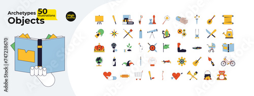 Archetypal symbols 2D linear cartoon objects bundle. Fantasy roleplay isolated line vector elements white background. Imagination, personality traits, hobby color flat spot illustration collection