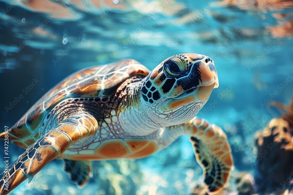 Obraz premium turtle swimming underwater in the sea on a reef, wildlife and ocean preservation concept, earth day concept