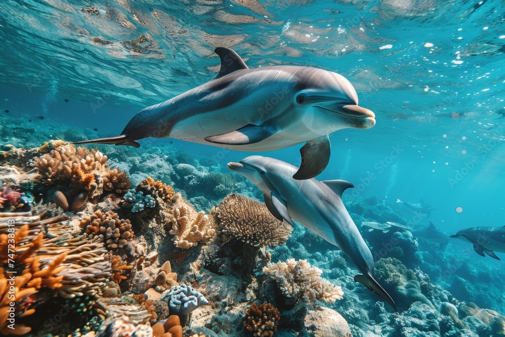dolphins swimming underwater in the sea on a reef, wildlife and ocean preservation concept, earth day concept