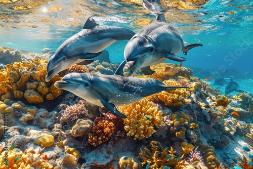 dolphins swimming underwater in the sea on a reef, wildlife and ocean preservation concept, earth day concept