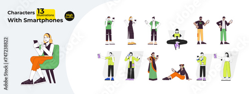Multicultural people with mobile phones line cartoon flat illustration bundle. Cellphone using 2D lineart characters isolated on white background. Holding smartphones vector color image collection