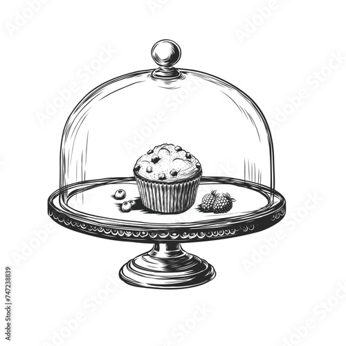 Cakes or cupcake on serving plate with glass cloche. sketch vector illustration isolated on white background. Beautiful baked pastries with raspberry and chocolate. Vintage muffin under glass lid