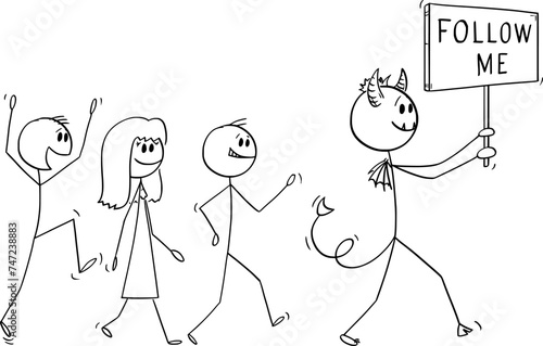 Devil Walking With Follow Me Sign, Vector Cartoon Stick Figure Illustration