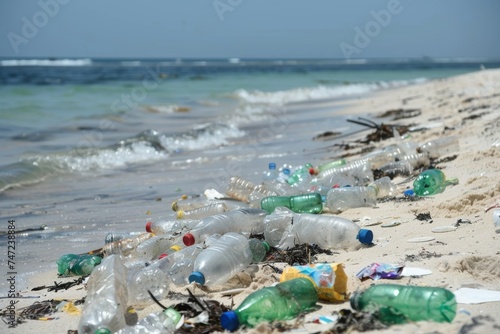 view of the beach full of plastic and garbage, ecological problems concept, dirty beach with litter and plastic