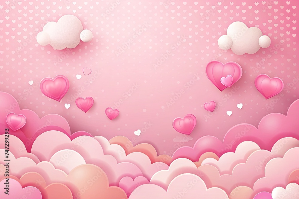 Pink Background with Hearts, Clouds, and Copy Space, Romantic Sky Scene, Love and Valentine's Day Concept, Girly Background with Hearts and Clouds, Pink Wallpaper
