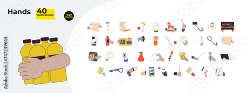 Hands doing things linear cartoon character hands illustration bundle. Bottles carrying, smartphone using outline 2D vector image collection, white background. Instruments editable flat color cliparts