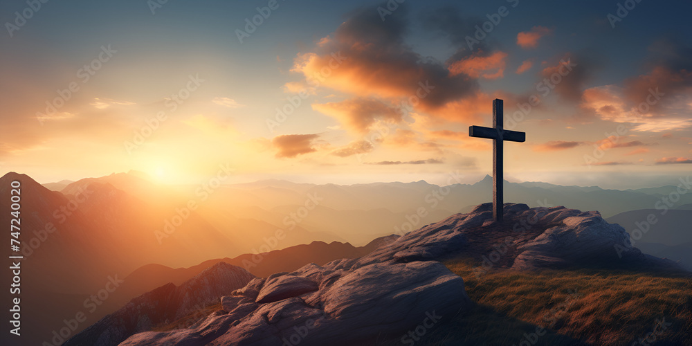 A jesus cross of the top of mountain at sunrise,Cross on the top of a mountain at sunset. 3d render Generative AI
