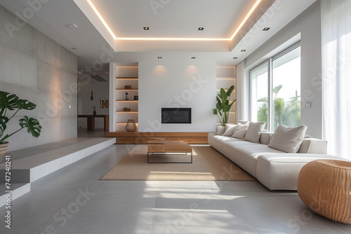 A tranquil modern living room with zen-inspired design, featuring clean lines, wooden bookshelves, and abundant natural light creating a peaceful ambiance.