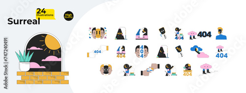 Surreal absurd 2D linear illustration concept bundle. Magical fantasy cartoon 404 errors isolated on white. Night crescent. Cosmos astronomy metaphor abstract flat vector outline graphic collection